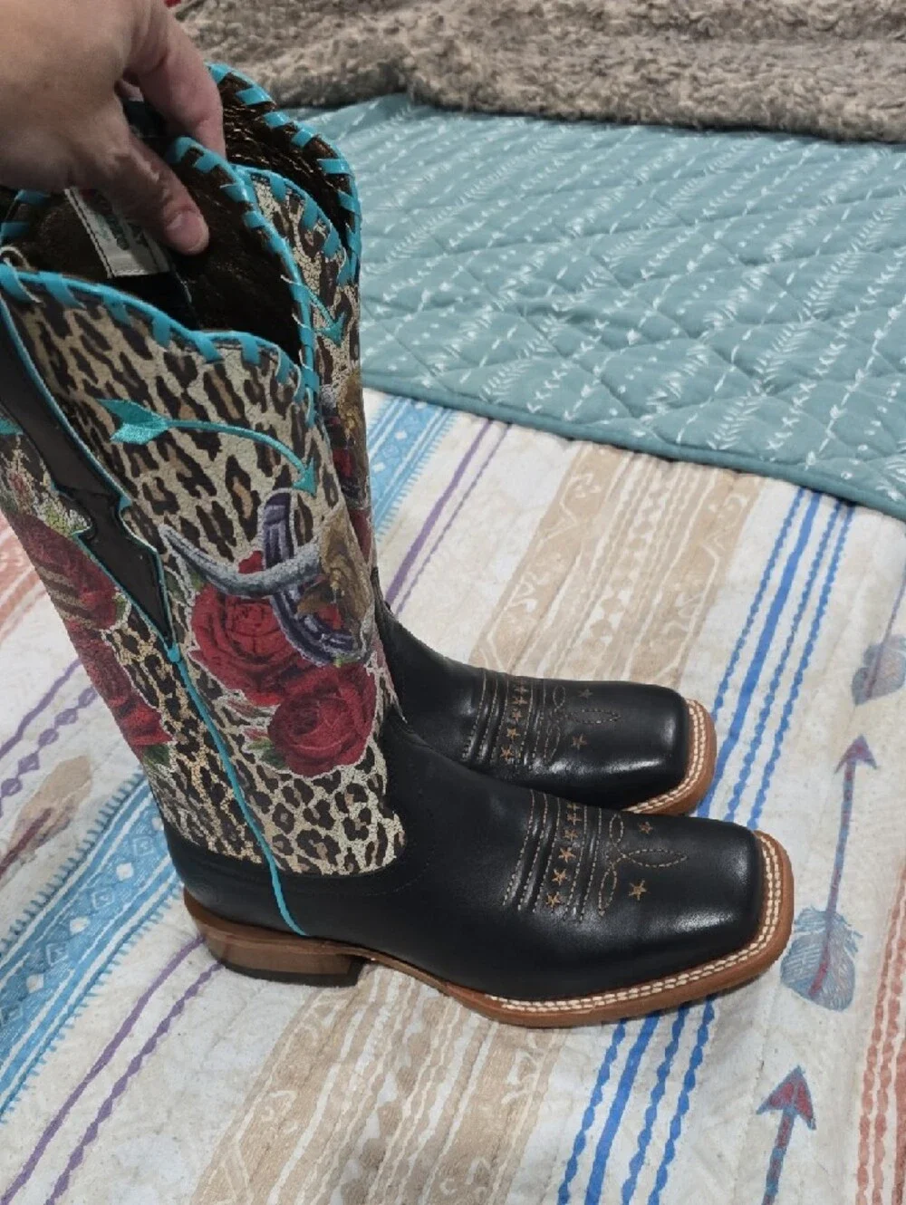Ariat Black Leather Western Boots with Leopard Print and Red Rose Embroidery - Picture 11 of 12